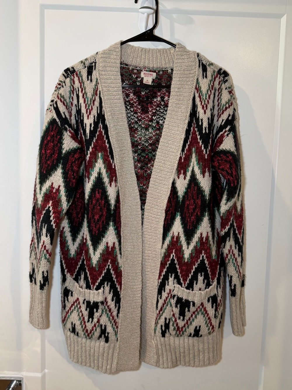 Mossimo Supply Co. Beige Open-Front Cardigan with Red & Green Fair Isle